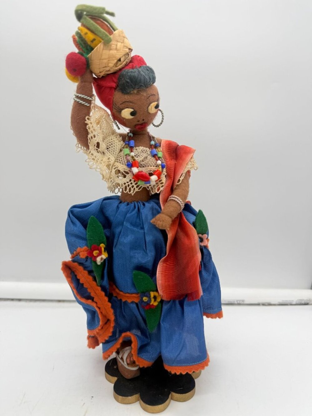 Vintage Brazilian Bonecas Tipicas Folk Art Doll Carmen Miranda on Wood Base